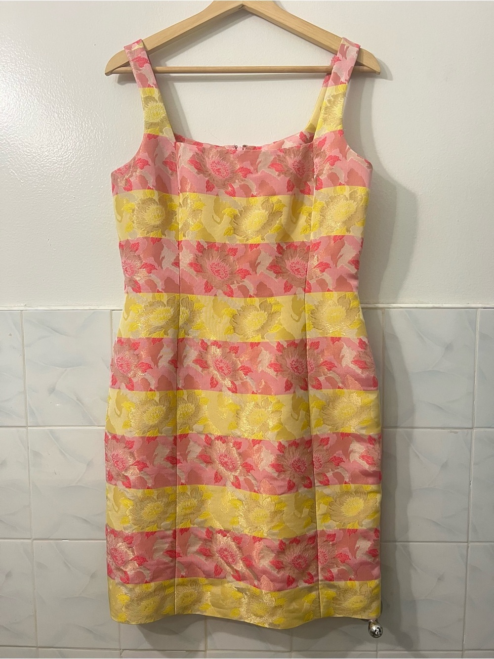 Vtg After Five Metallic Striped Floral Sleeveless Sheath Dress 4/6 Retro 60s